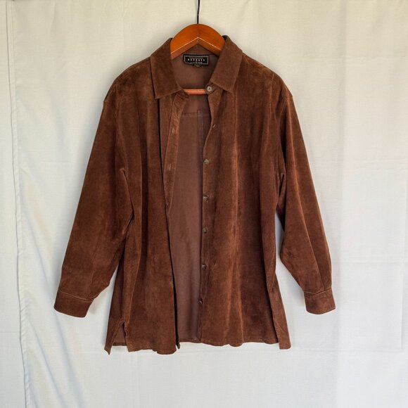 90s Vintage Express Brown Genuine Suede Leather boxy Shacket Jacket - Picture 4 of 14